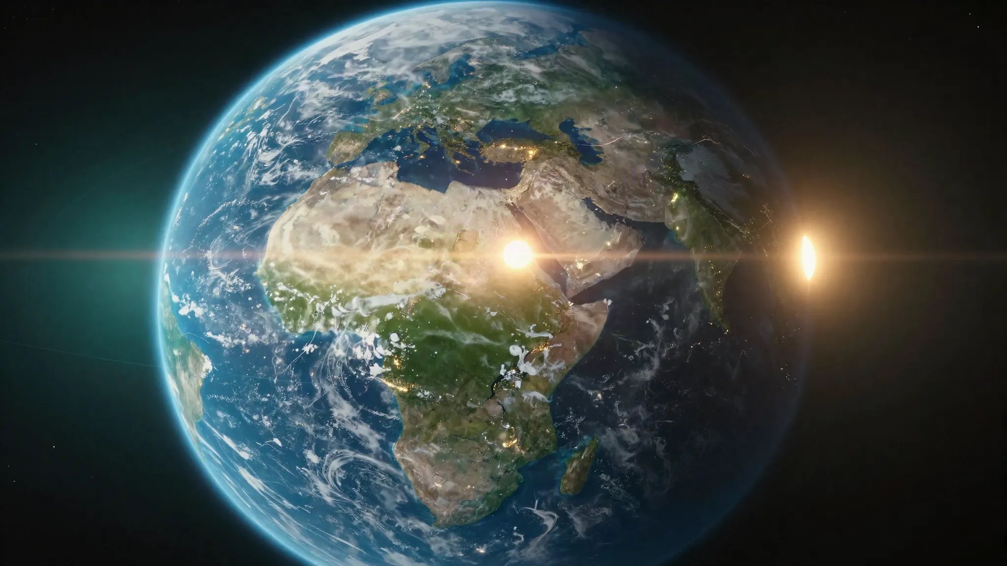 Earth seen from space, the Sun cresting beyond its horizon.